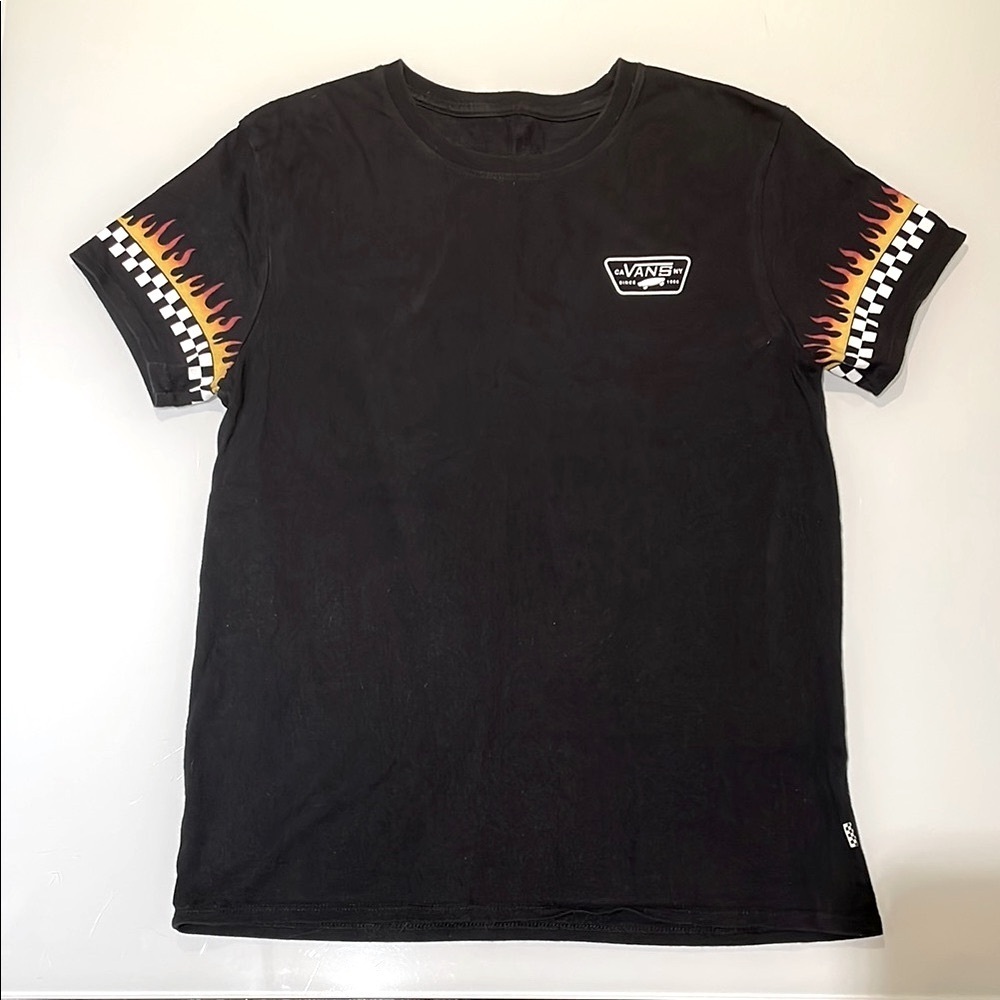 Vans Black Tee with Flame and Checkered Sleeves